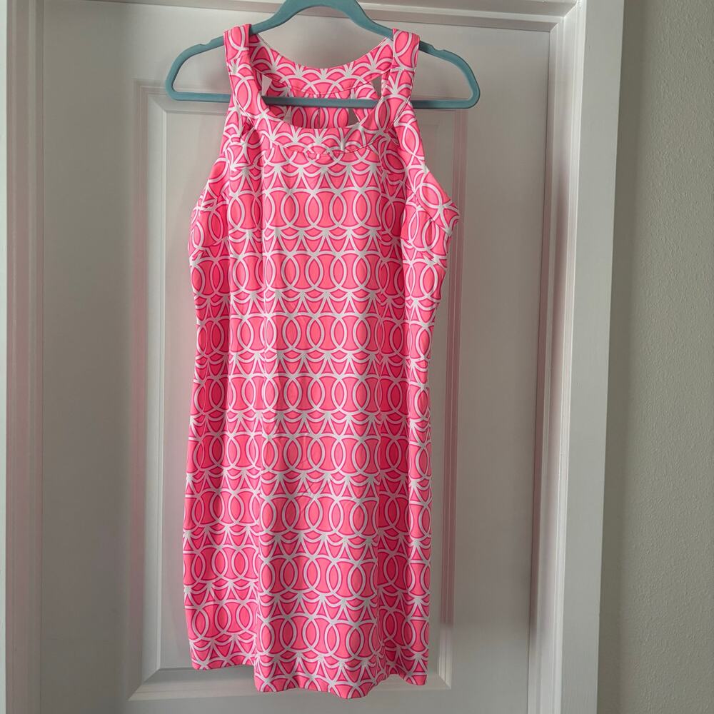 Lulu-B Pink & White geometric bright dress size Large preppy Beachy cruise